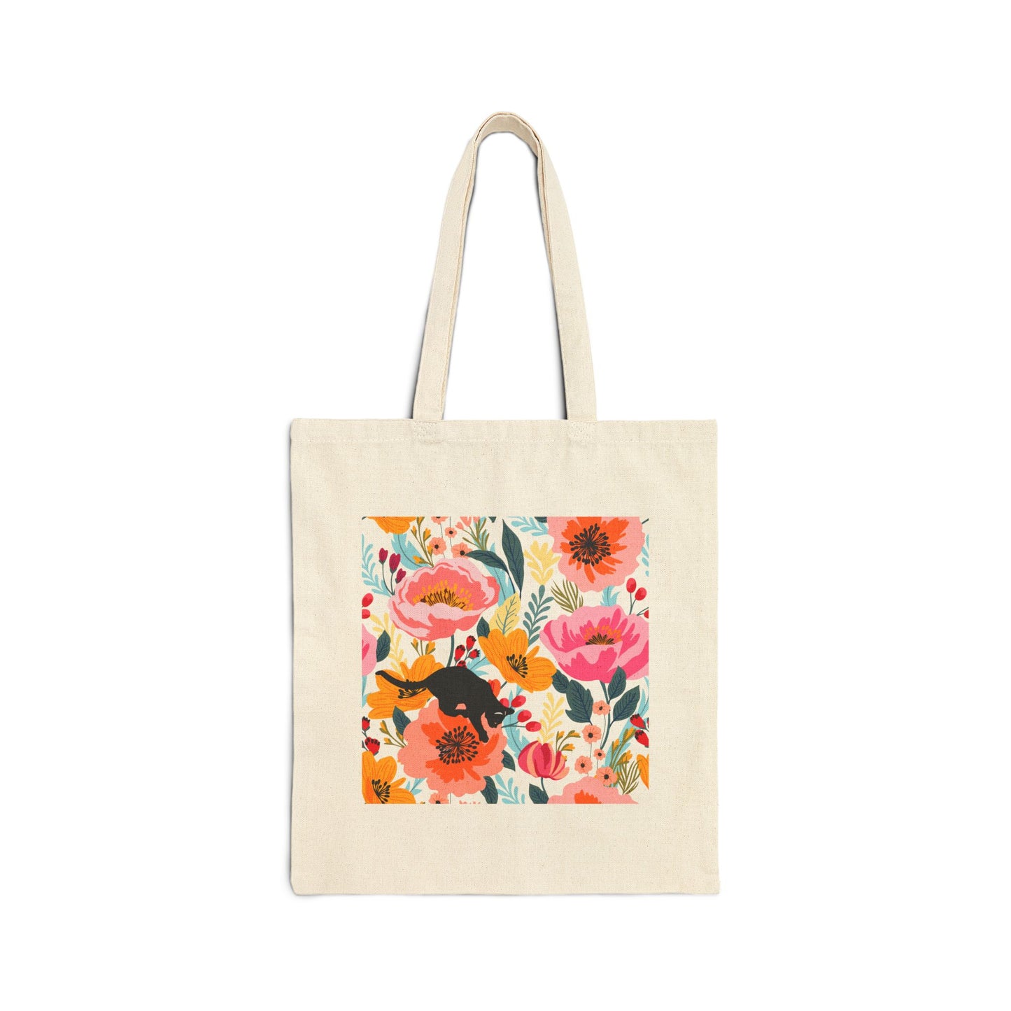 Cotton Canvas Tote Bag - Jumping Cat in Floral Field Design