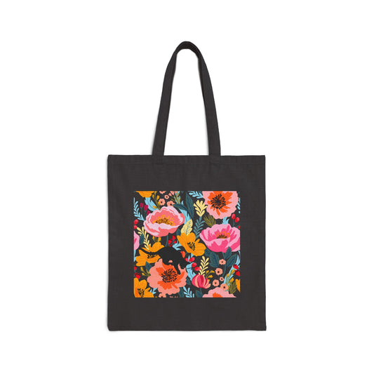 Cotton Canvas Tote Bag - Jumping Cat in Floral Field Design