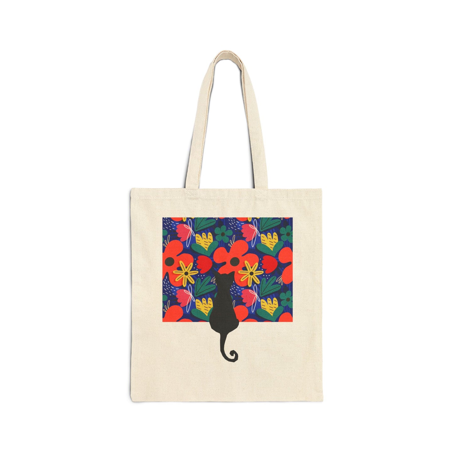 Canvas Tote Bag with Black Cat and Floral Design