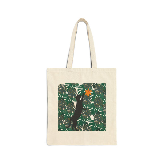 Black Cat with Floral Background Cotton Canvas Tote Bag