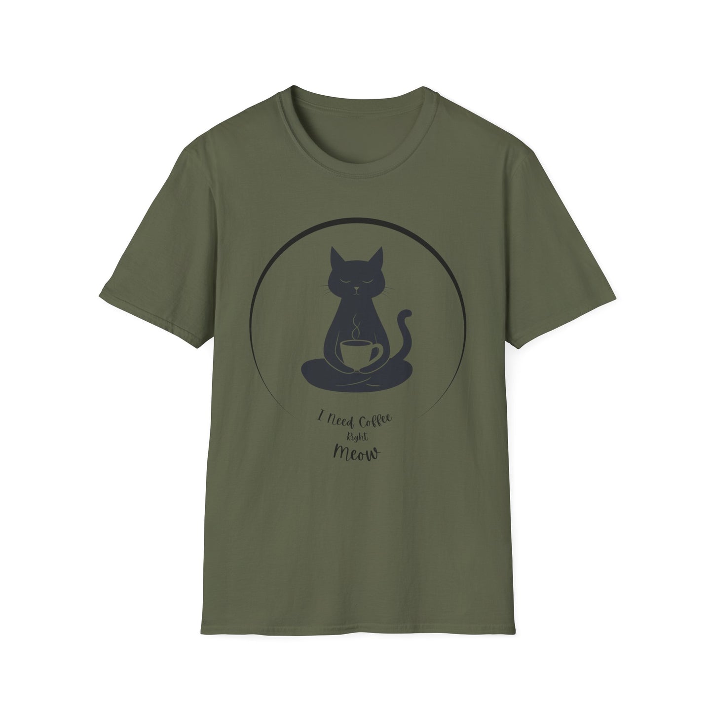 Cat Coffee T-Shirt - Zen Cat Holding Coffee Cup - I Need Coffee Right Meow