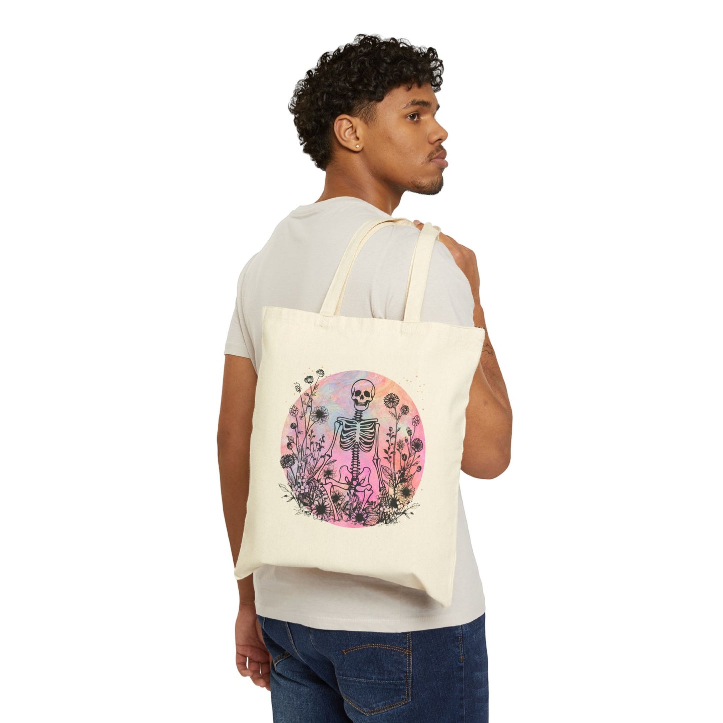 Canvas Tote Bag - Skeleton and Flowers Design