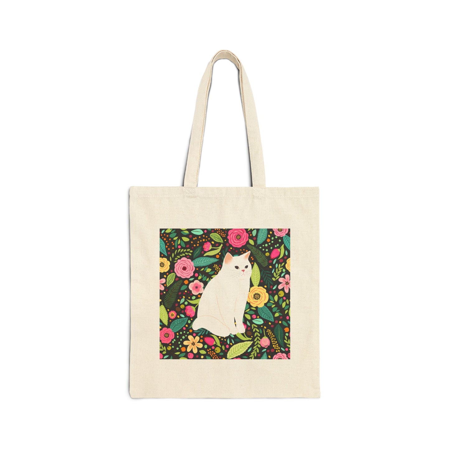 Canvas Tote Bag - White Cat Against Black Floral Background