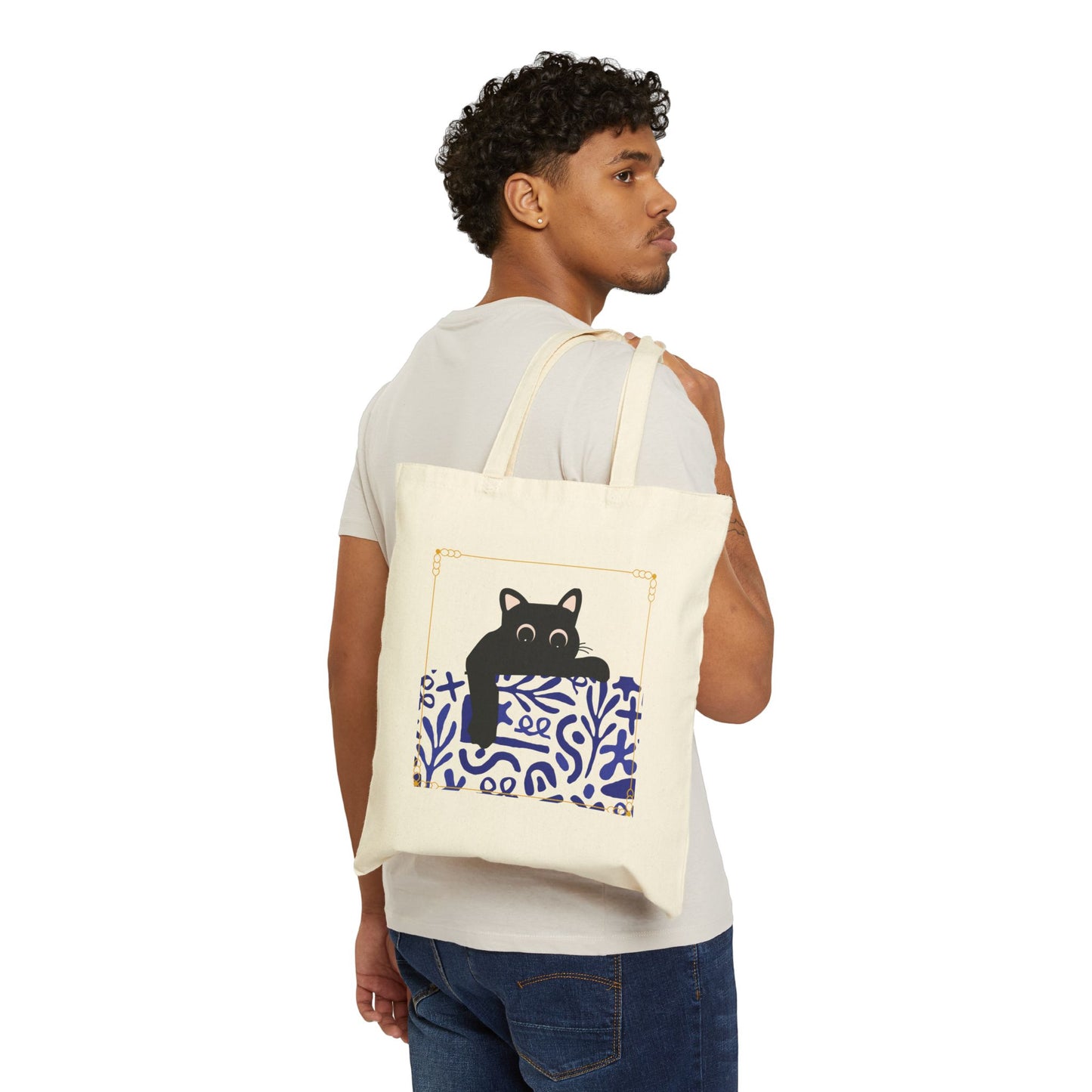 Cotton Tote Bag with Black Cat Pocket Peek