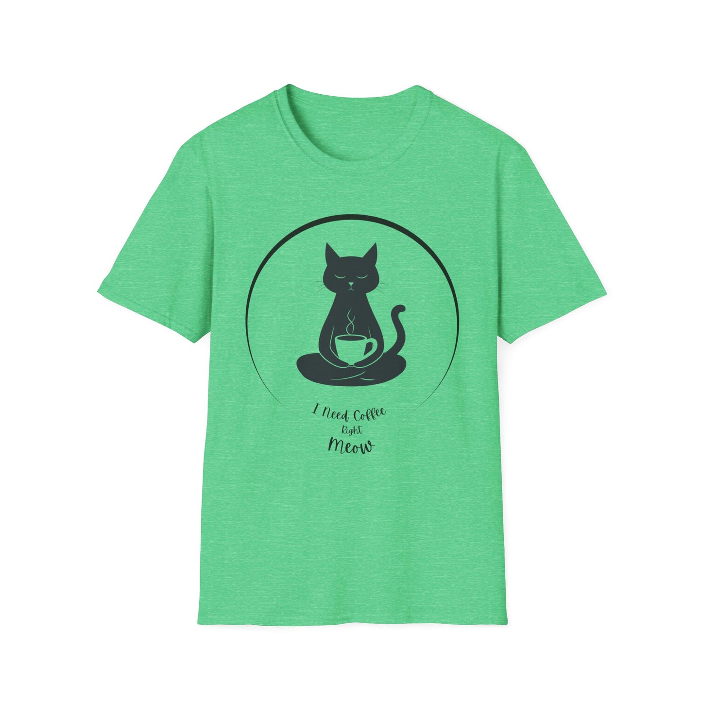 Cat Coffee T-Shirt - Zen Cat Holding Coffee Cup - I Need Coffee Right Meow