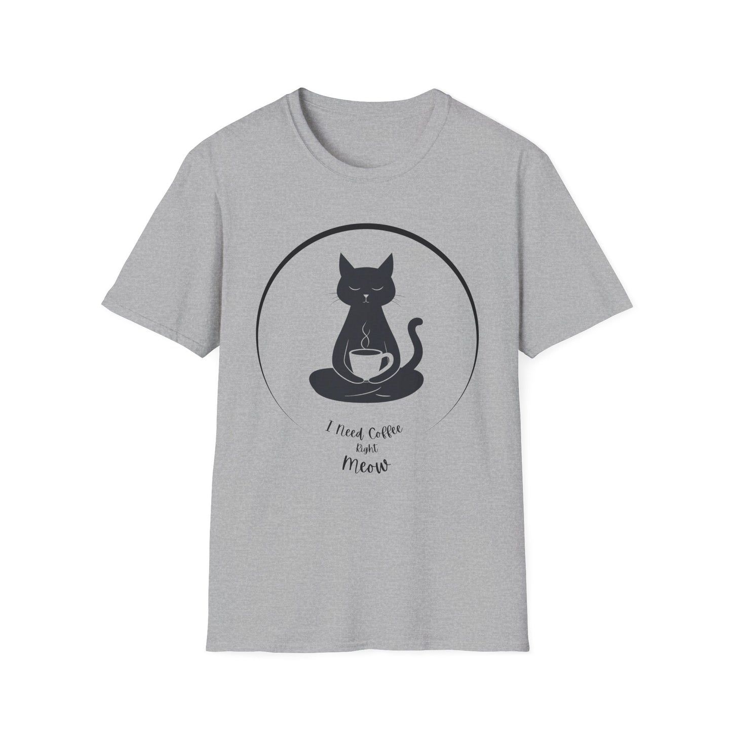 Cat Coffee T-Shirt - Zen Cat Holding Coffee Cup - I Need Coffee Right Meow