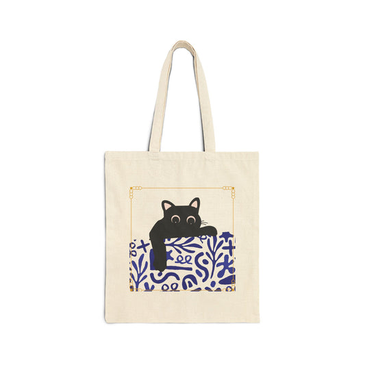 Cotton Tote Bag with Black Cat Pocket Peek