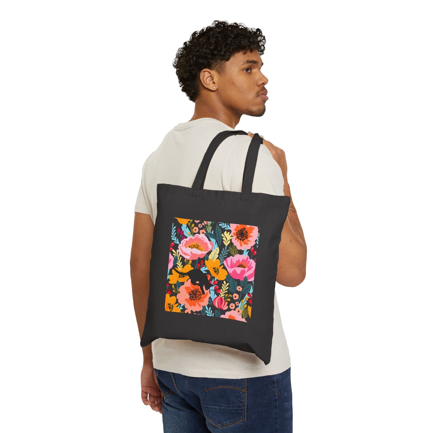 Cotton Canvas Tote Bag - Jumping Cat in Floral Field Design