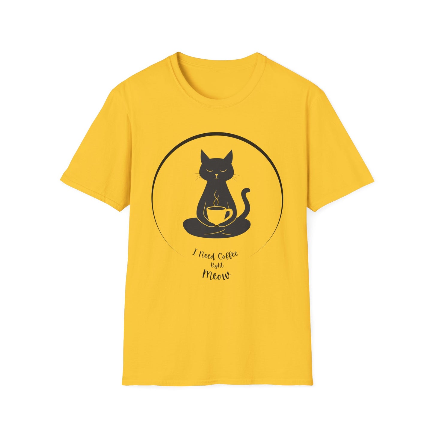 Cat Coffee T-Shirt - Zen Cat Holding Coffee Cup - I Need Coffee Right Meow