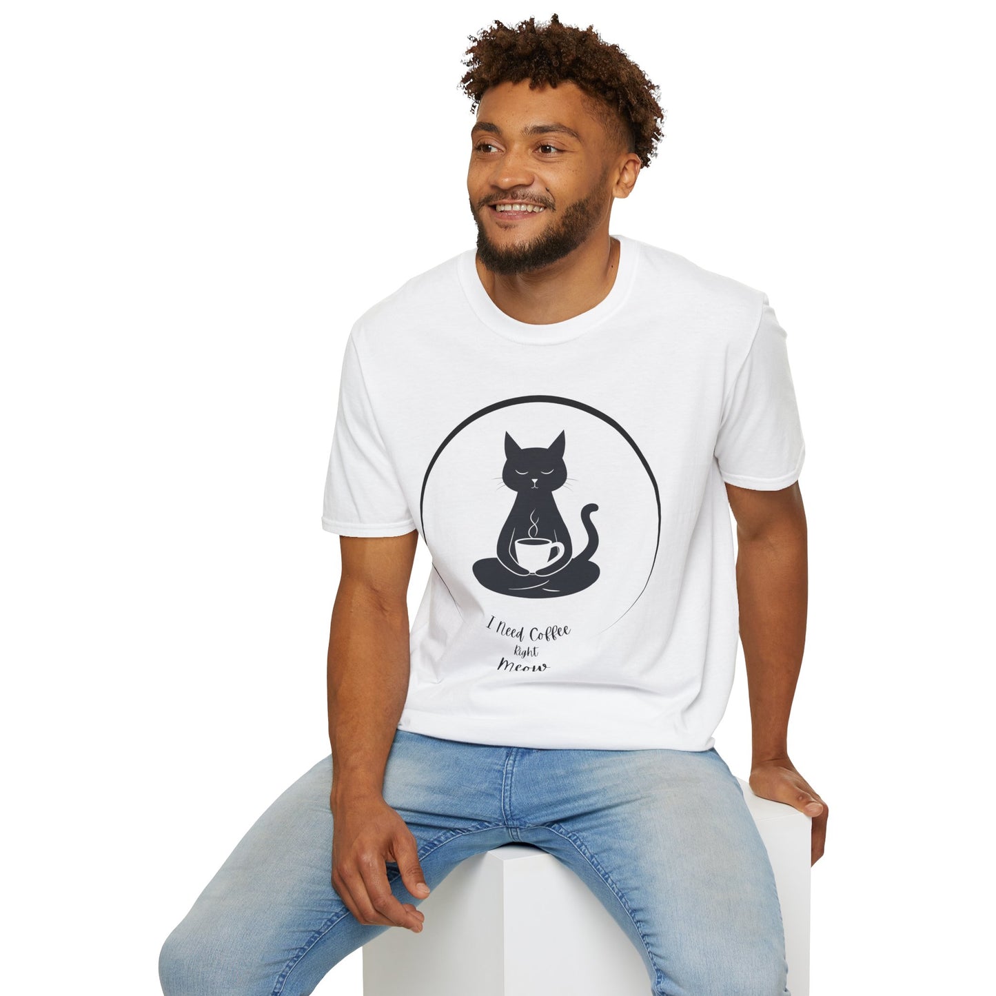 Cat Coffee T-Shirt - Zen Cat Holding Coffee Cup - I Need Coffee Right Meow