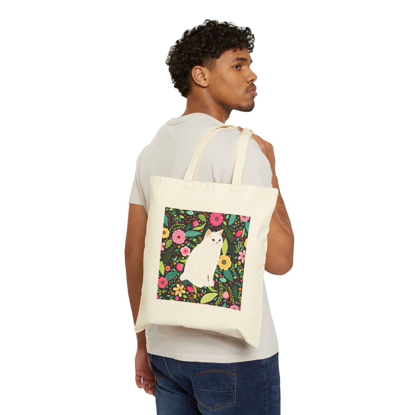 Canvas Tote Bag - White Cat Against Black Floral Background