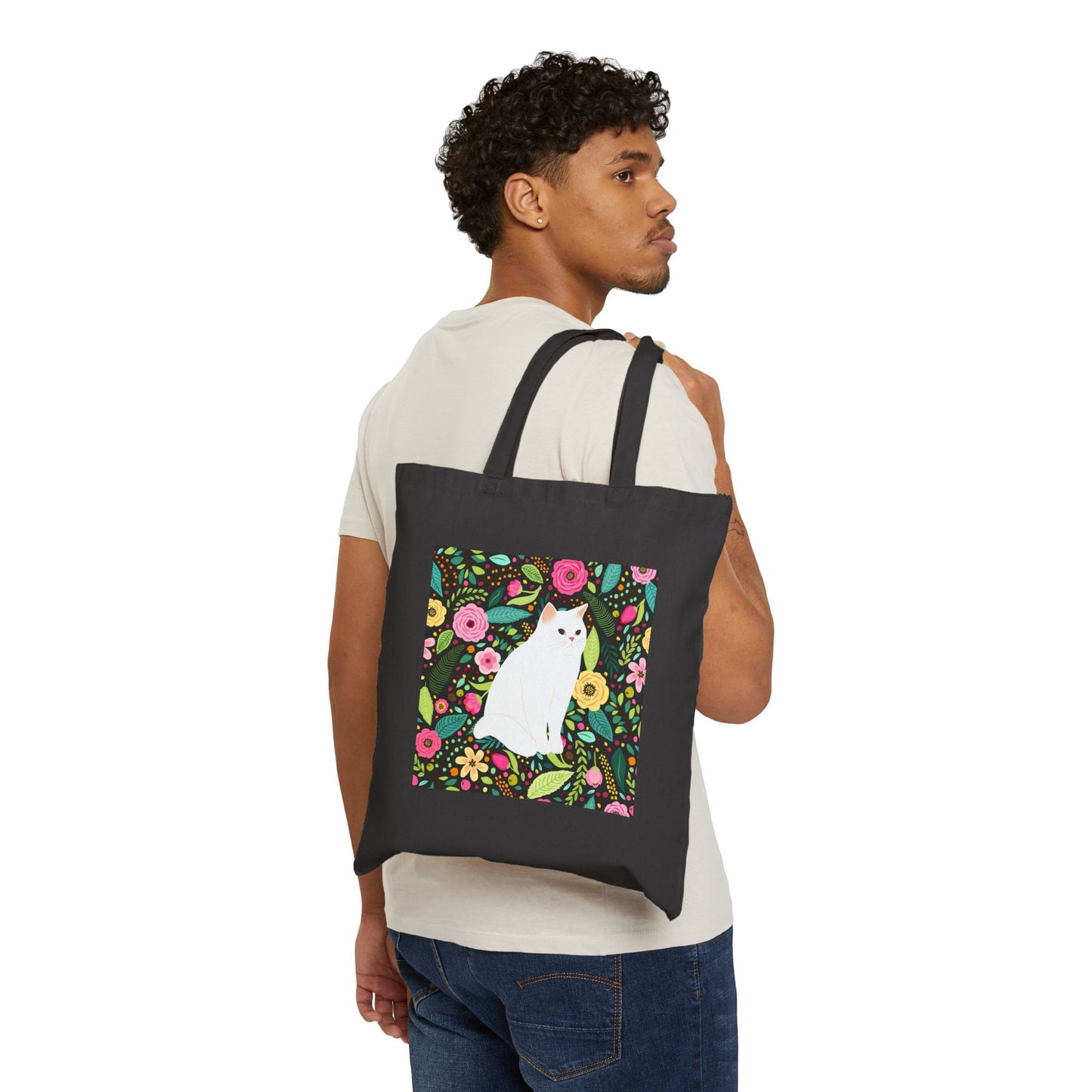 Canvas Tote Bag - White Cat Against Black Floral Background