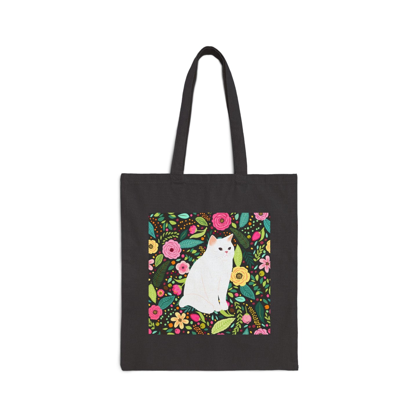 Canvas Tote Bag - White Cat Against Black Floral Background