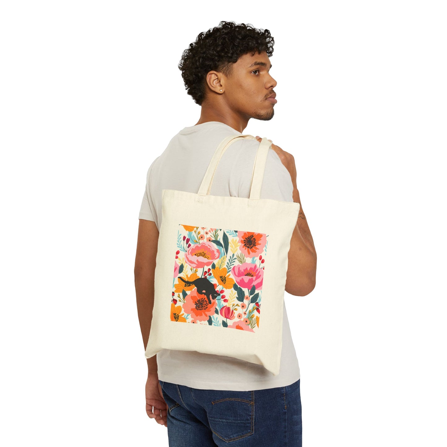 Cotton Canvas Tote Bag - Jumping Cat in Floral Field Design